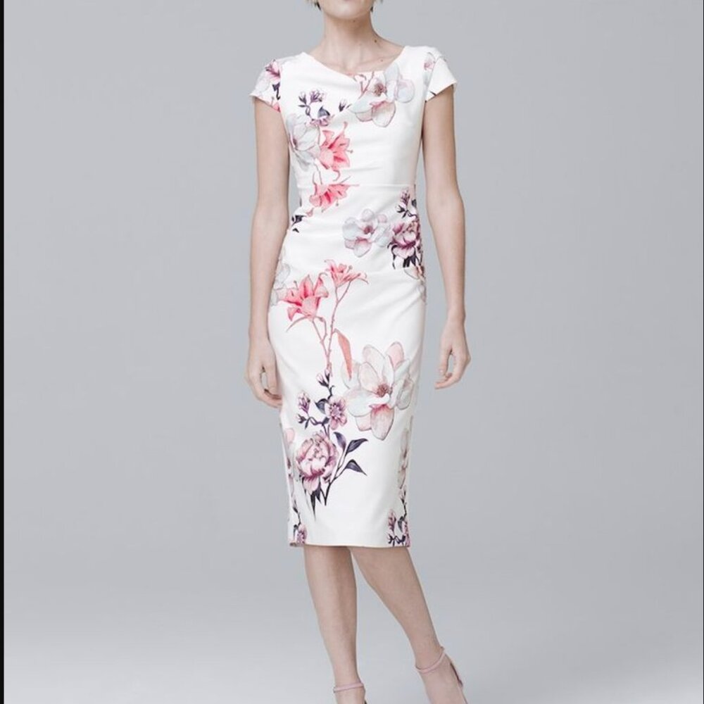 White House Black Market Floral Cap-Sleeve Lily-Print Sheath Dress Size 2